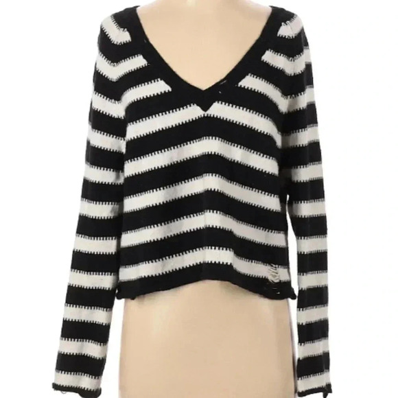 Wildfox Distressed Striped Vneck Sweater Black White - Picture 2 of 13
